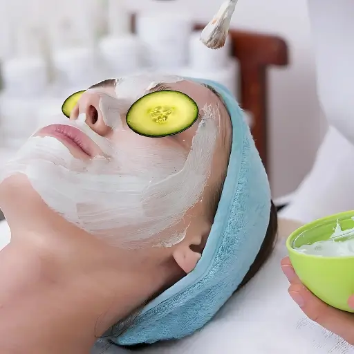 A client receiving a facial mask treatment at Bristol Beauty Line, featuring cucumber eye pads and a creamy mask application.