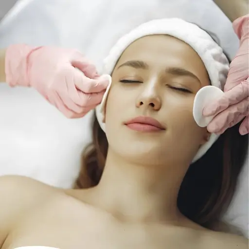 A close-up shot of a client receiving a facial toning treatment at Bristol Beauty Line. The image shows the application of toner using cotton pads.