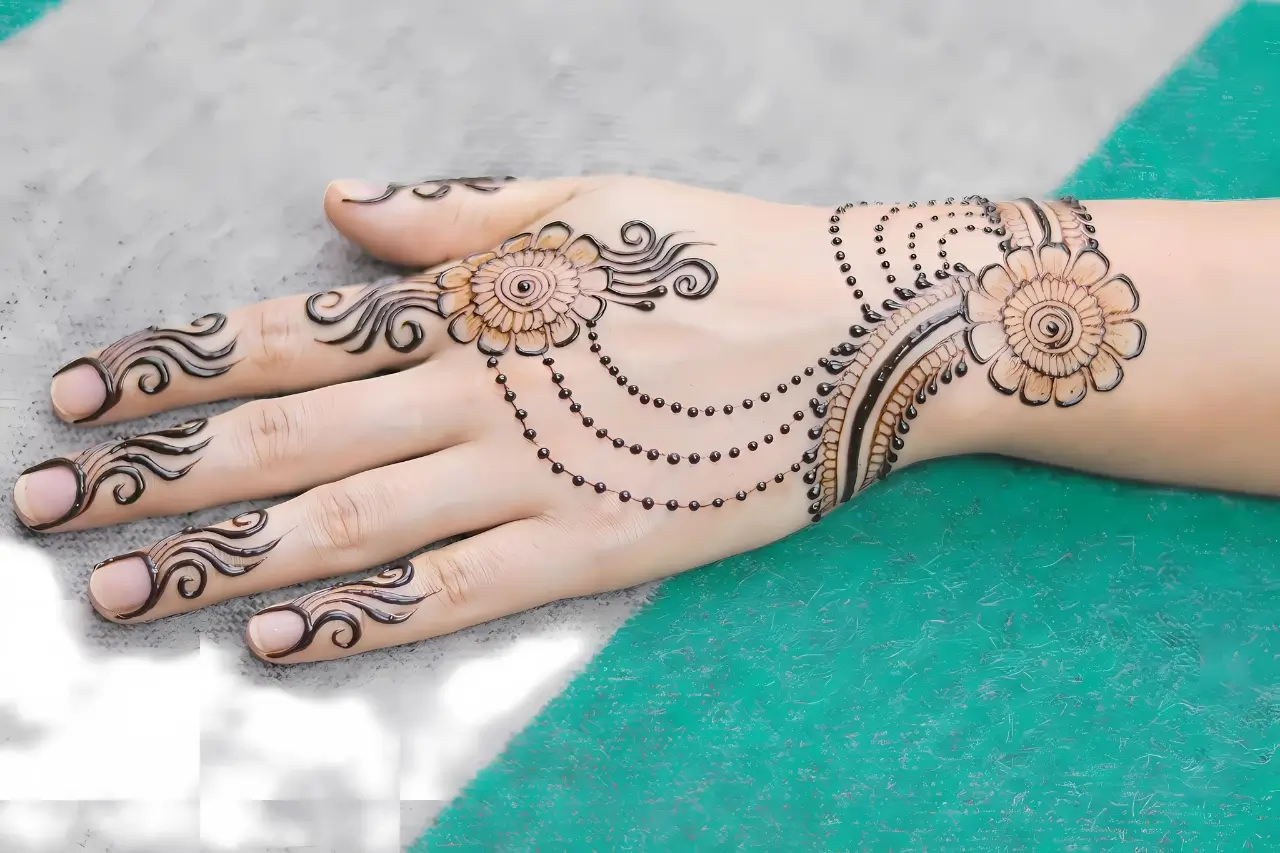 Close-up of a delicate henna design resembling a bracelet on a woman's hand, showcasing the artistry of Bristol Beauty Line.