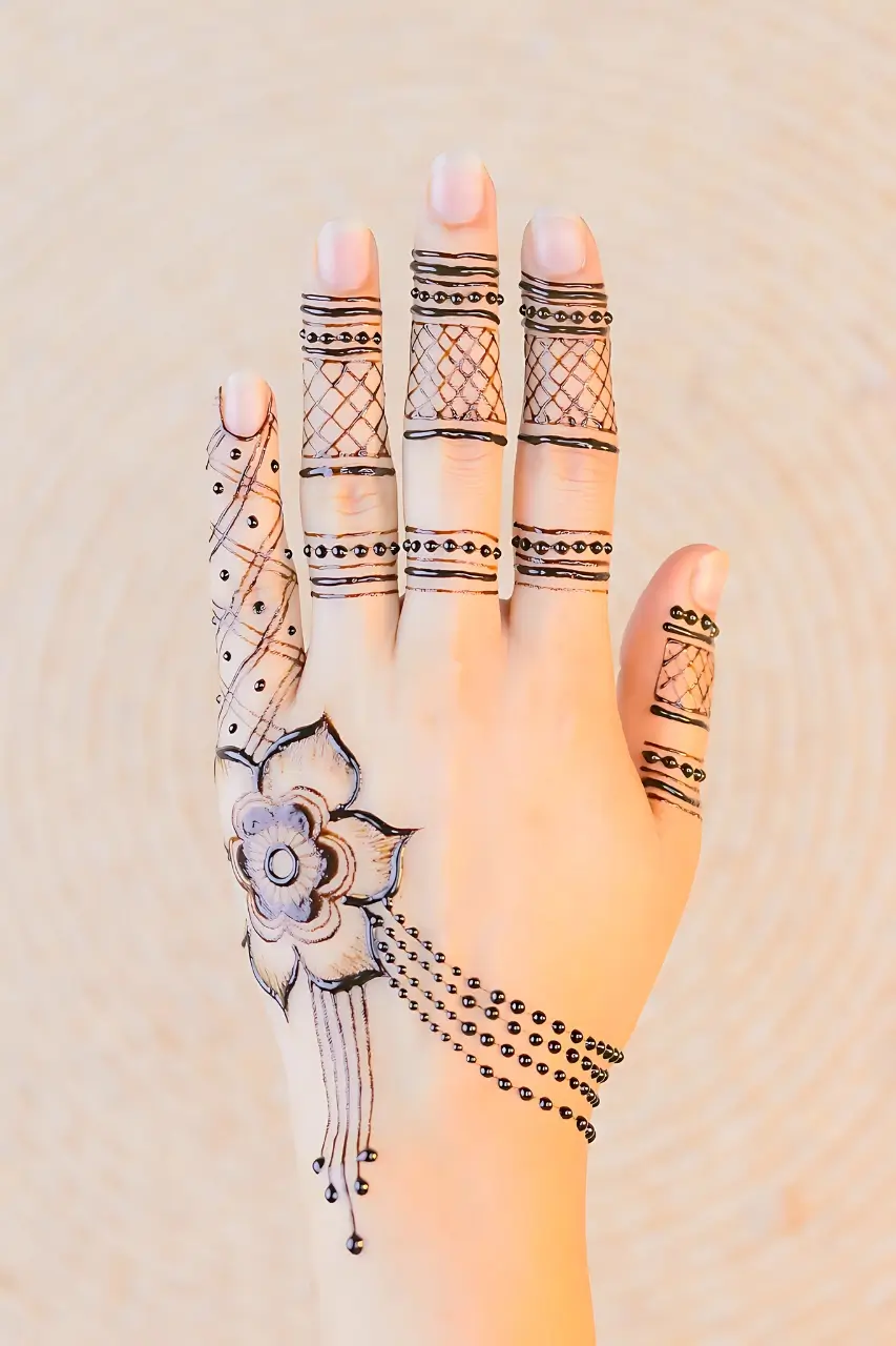 Close-up of an elegant floral henna design on a hand, showcasing the intricate detail and artistry of Bristol Beauty Line's henna services.