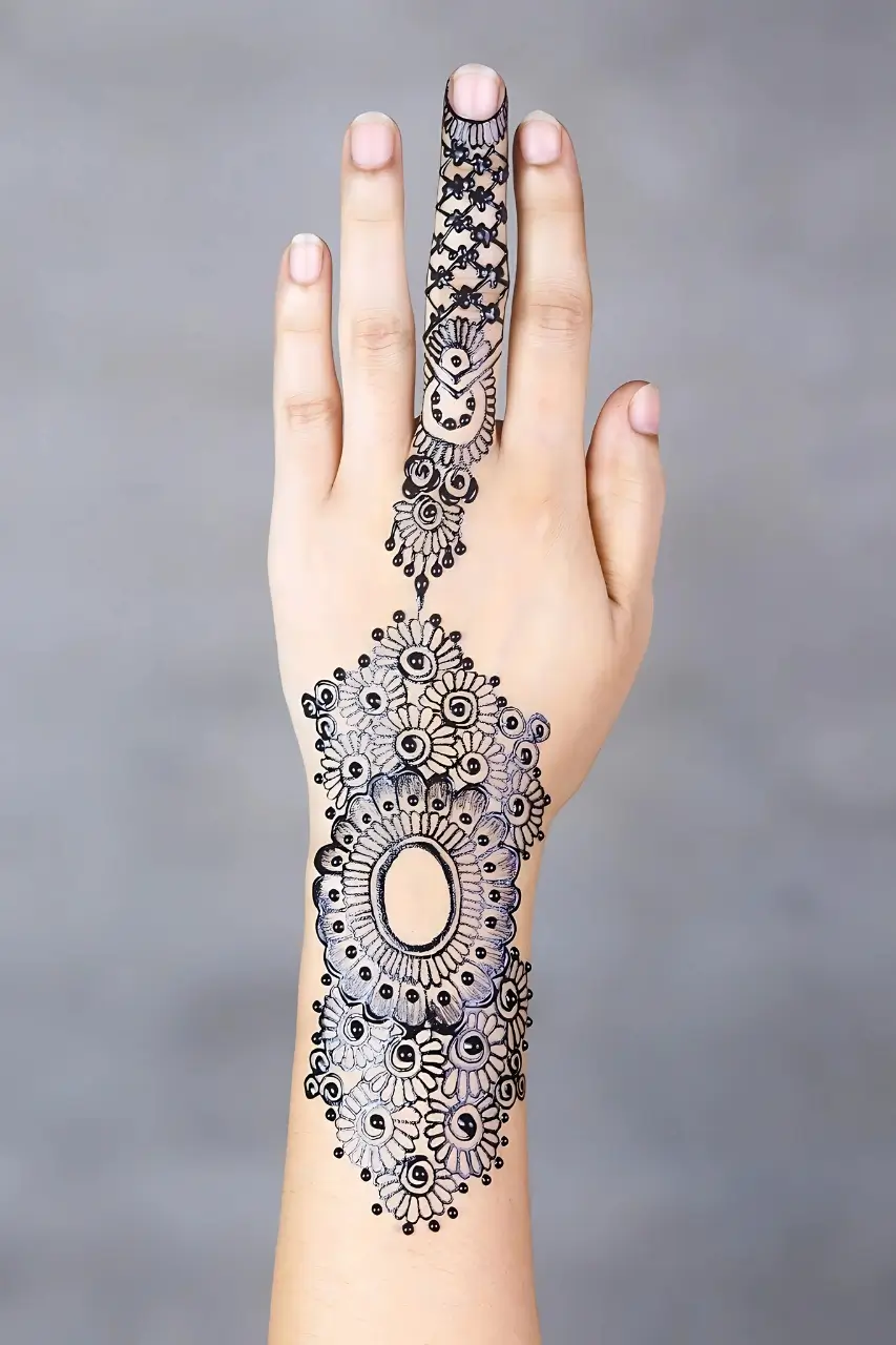 Close-up of a detailed mandala-inspired henna design on a hand, showcasing the precision and artistry of Bristol Beauty Line's henna services.