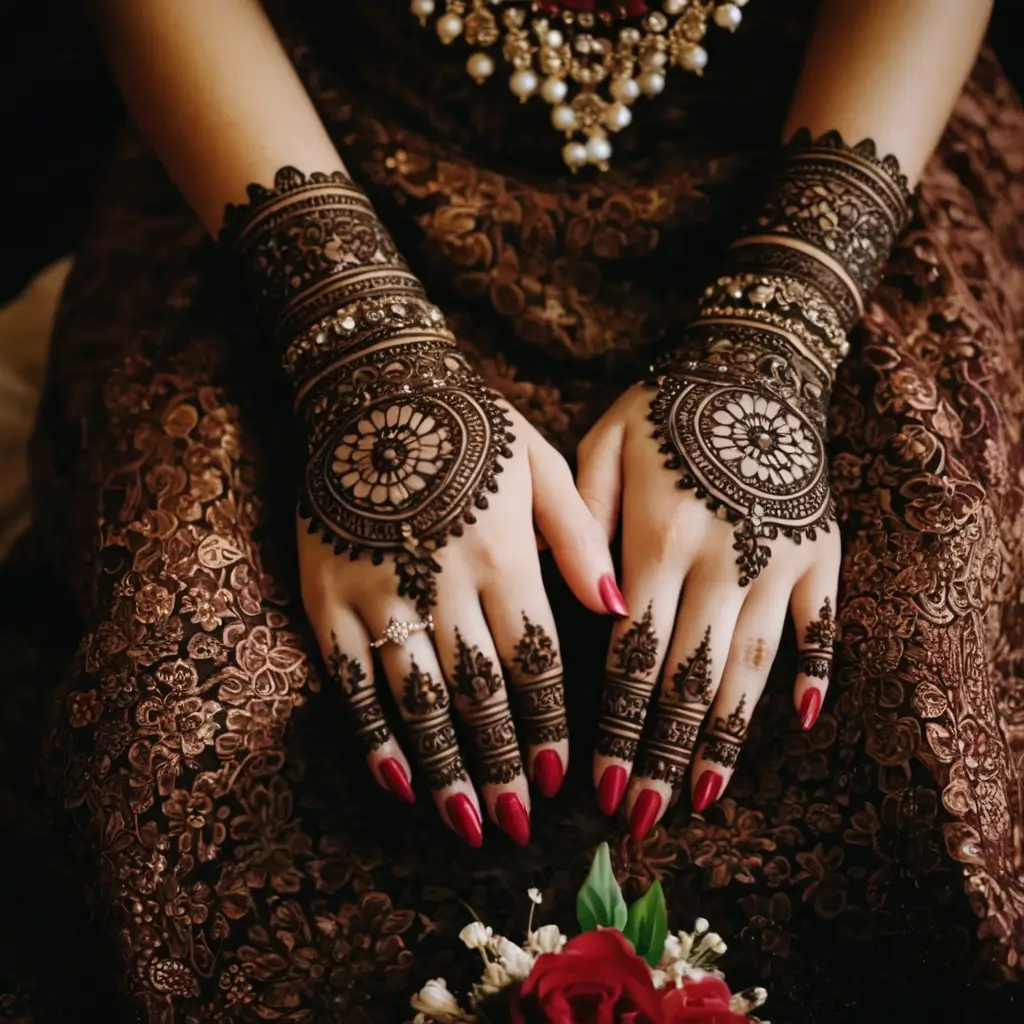 A bride’s hands with detailed henna patterns holding a bouquet