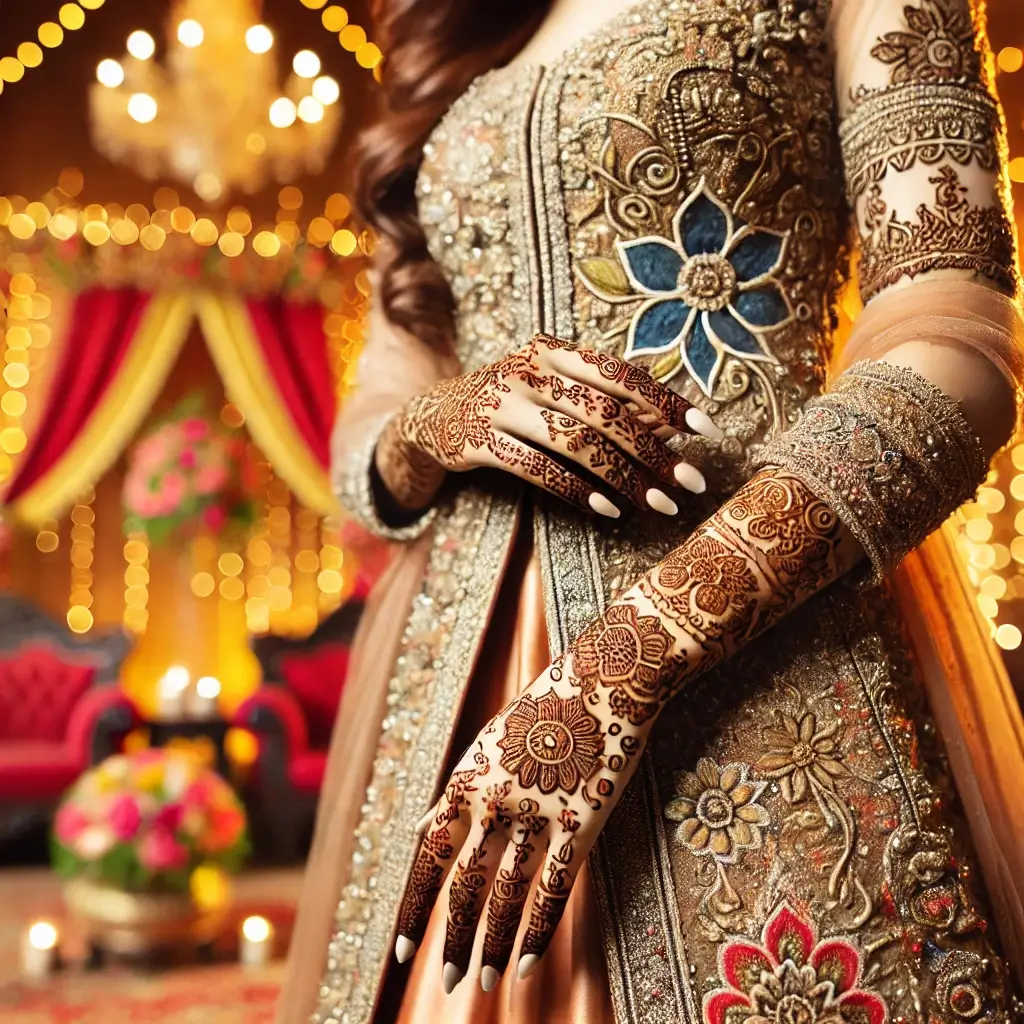 Bride with intricate bridal Mehendi designs on her hands and arms