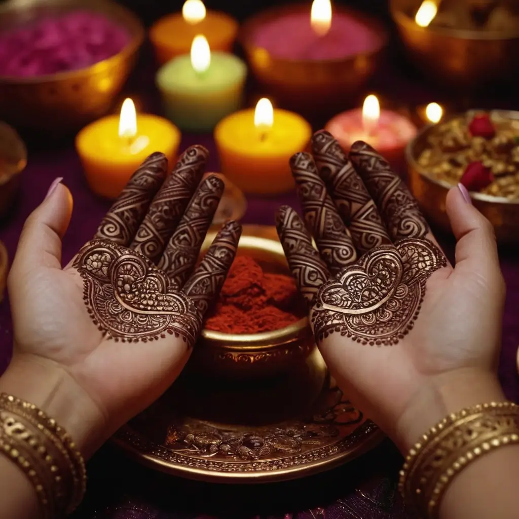 Festive henna designs on hands holding traditional sweets.