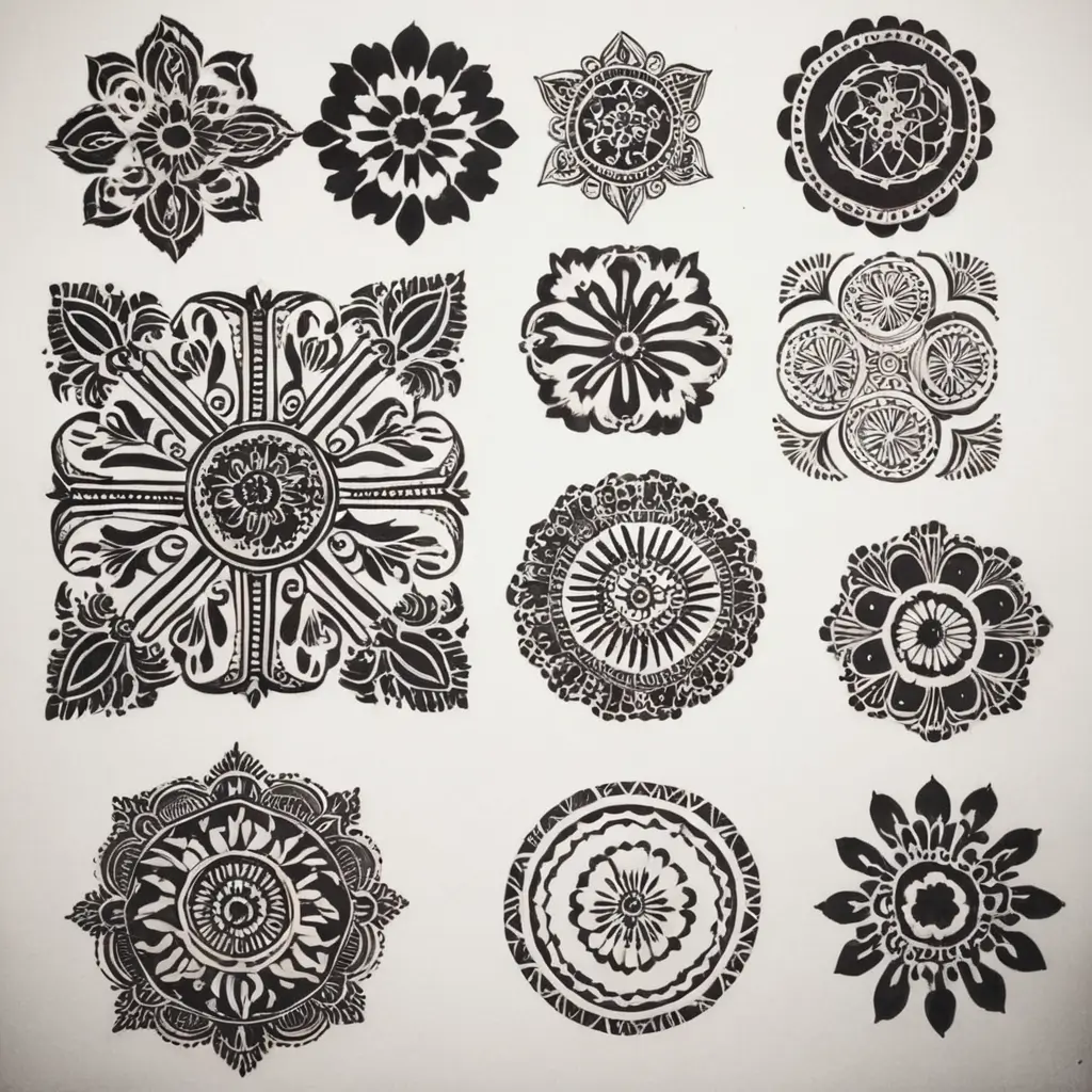 A collection of traditional, modern, and minimalist henna design templates on display.