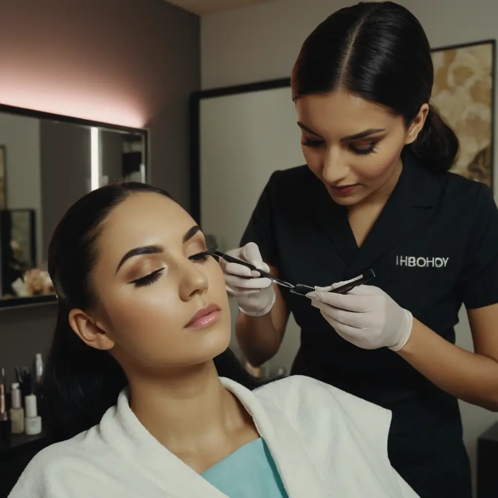 Technician performing a lash lift procedure in a luxury beauty salon with a relaxing ambiance.