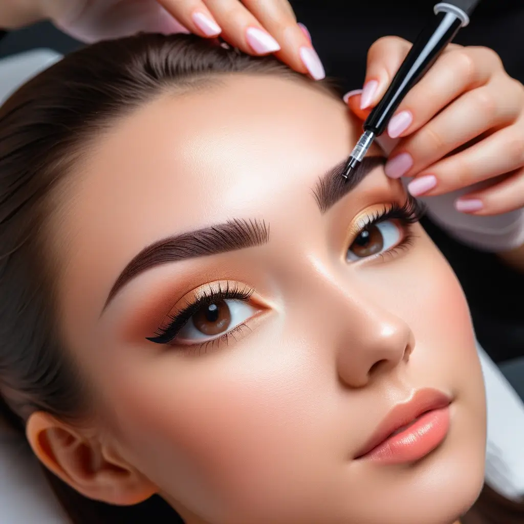 Close-up of a woman receiving professional eyebrow tinting.