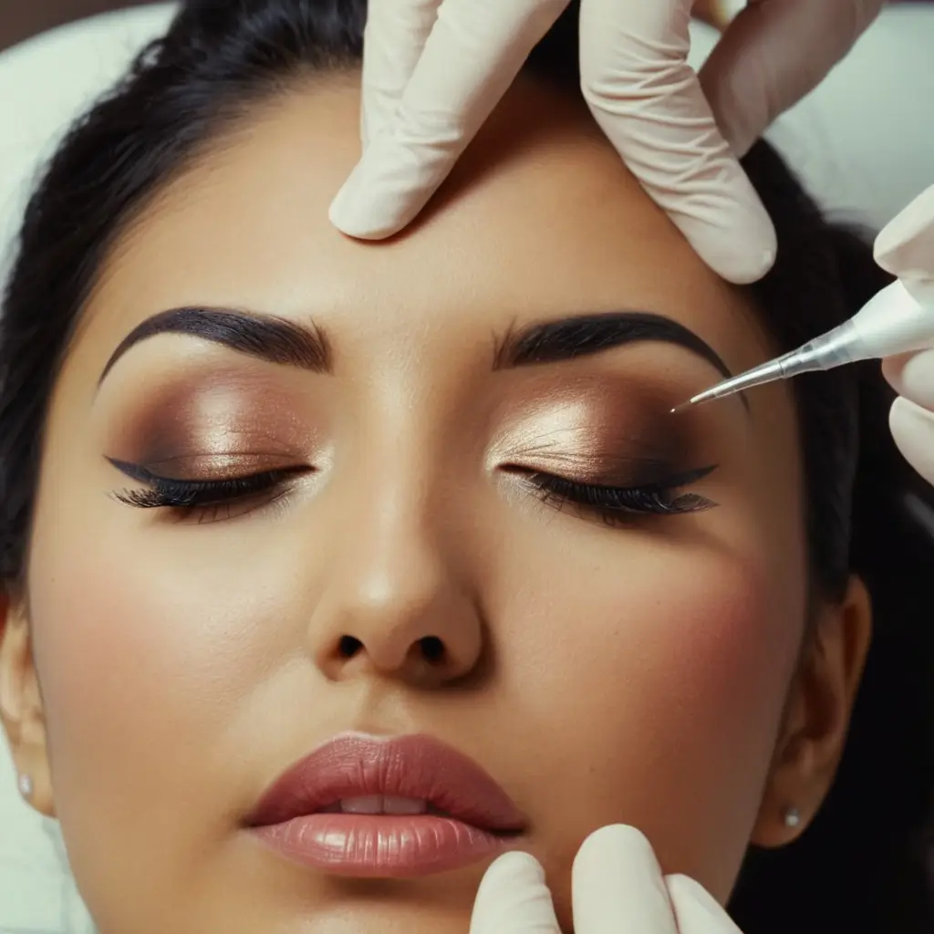 Beautician applying lash tint during a professional treatment.