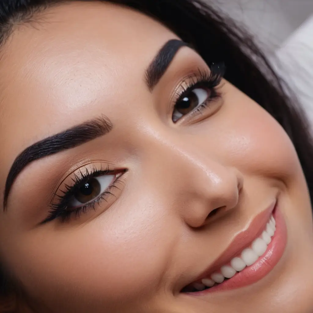A woman’s flawless eyebrows and smooth skin after threading.