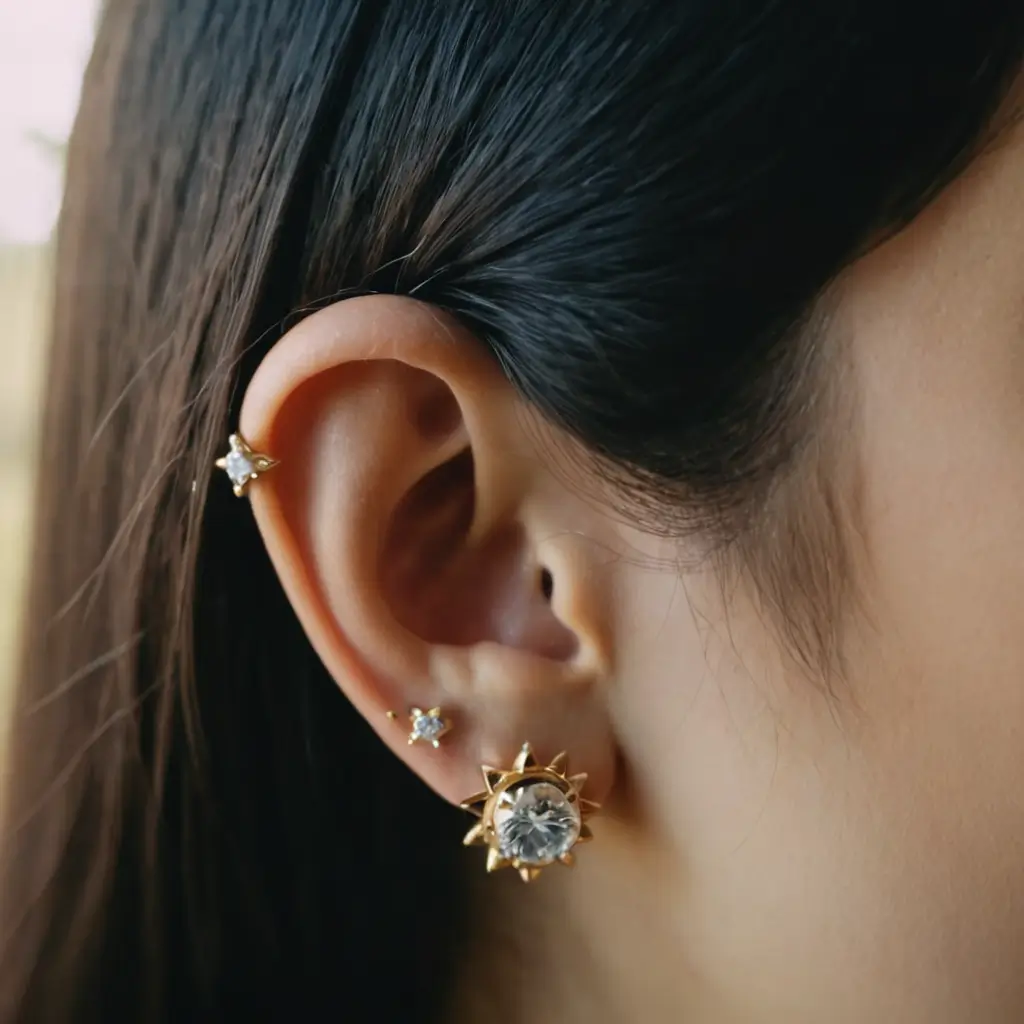 Close-up of an ear with multiple stylish piercings and elegant jewelry.