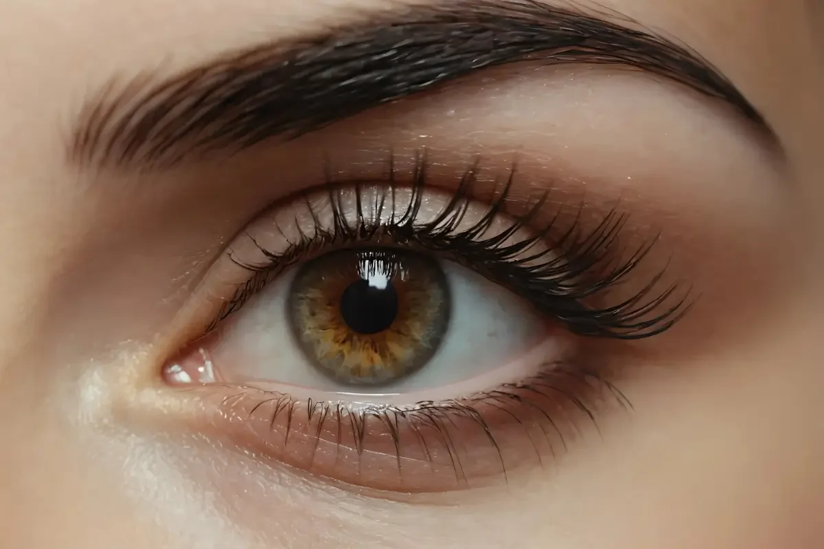 Close-up of natural eyelashes showing the difference before and after a lash lift.